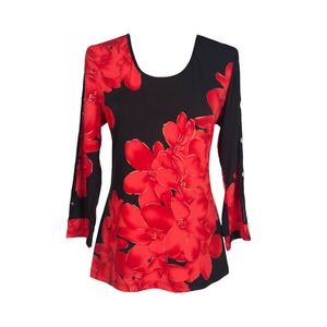 Women's Dressy Floral Top Size S Red Flowers Long Sleeve Scoop Neck NWT